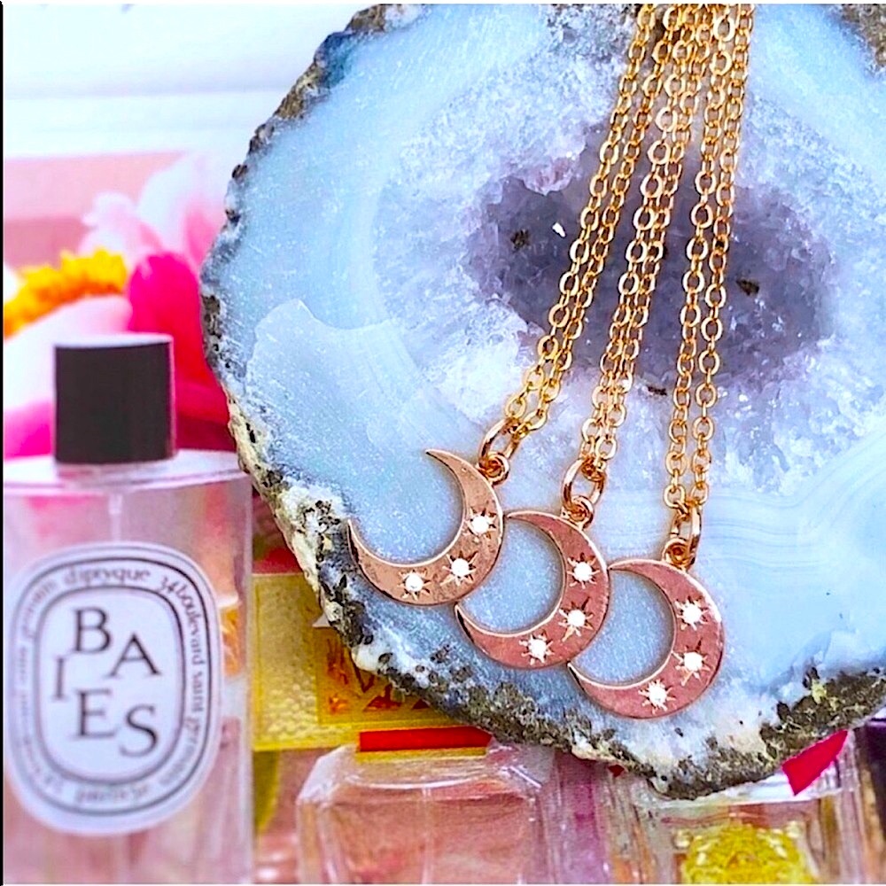 Rose Gold Pave Crescent Moon Necklace